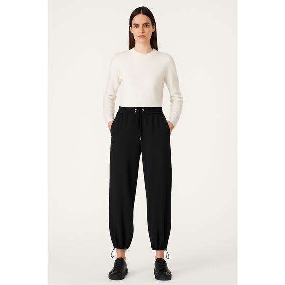 ME+EM Cotton Stretch Wide Barrel Leg Cinch Ankle Drawstring Pants Travel 4 Black - Picture 1 of 9